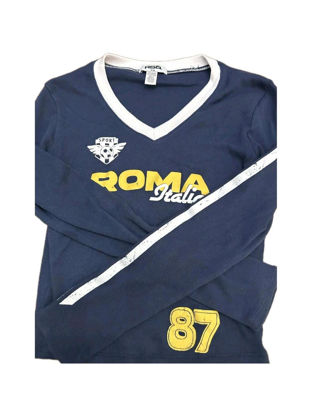 RSQ Vintage Roma Top Long Sleeve Blue Women’s Size L runs small  Wear on Letters